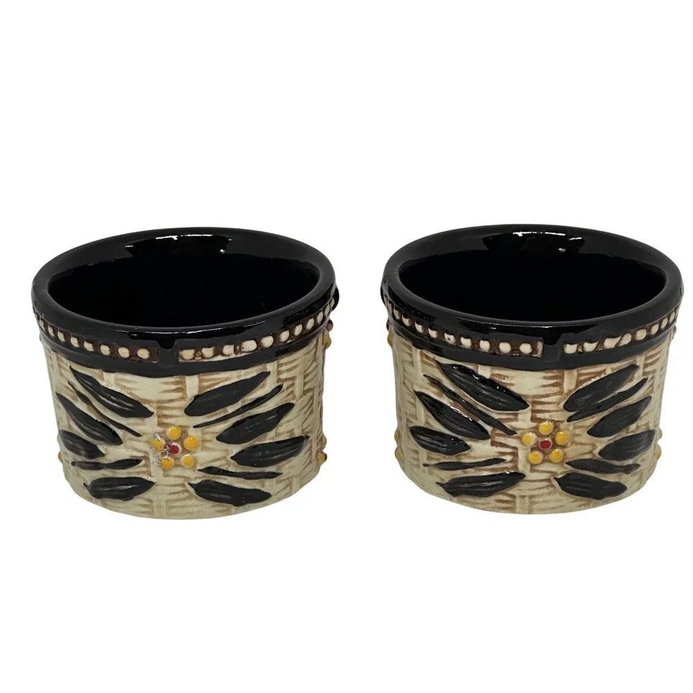 Temp-tations Ramekins Black Old World Basket Weave Ceramic 6oz Set of 2